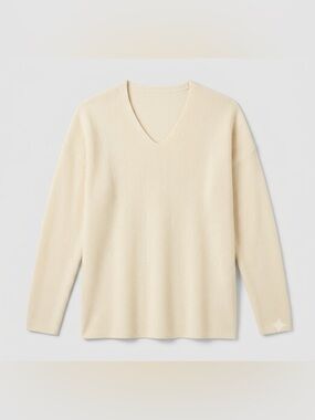 UNIQLO Oversized Sweater Women Cream V Neck Wool Blend Sweater - Size Large